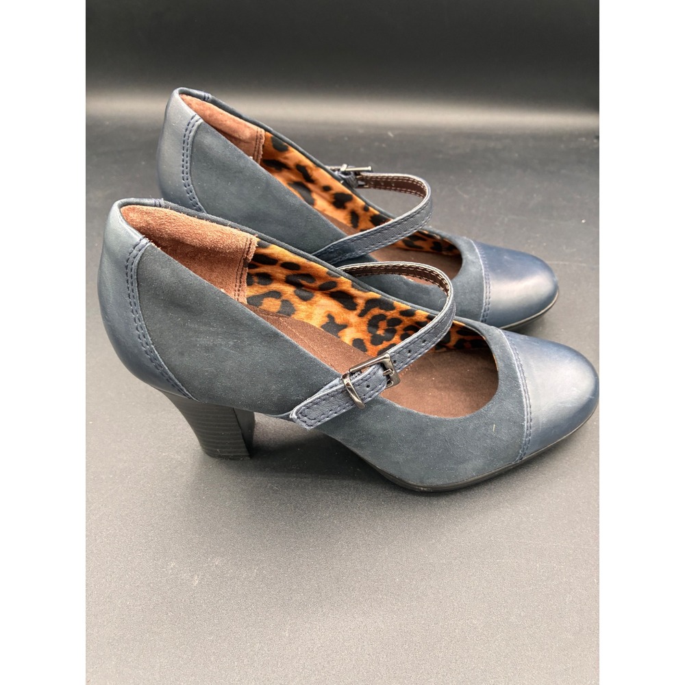 Clarks Bendables Navy Blue Leather Suede Mary Jane Pumps Leopard Print 7M 60595 - Picture 6 of 11